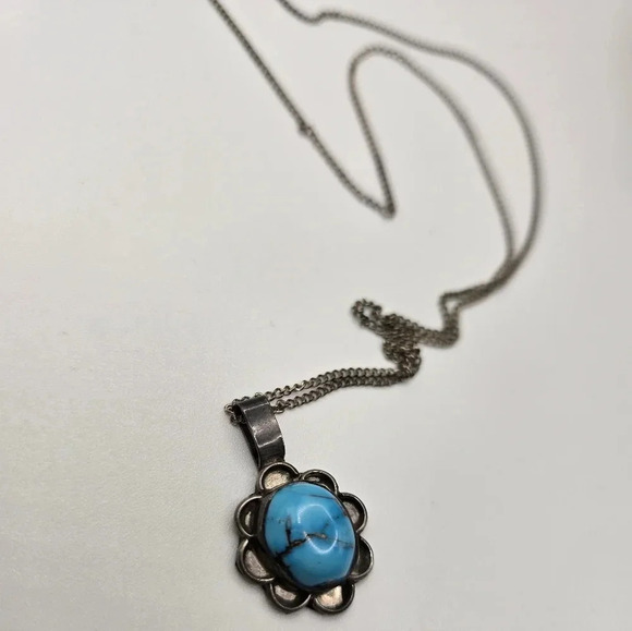 Vintage Platero Designer Native American Blue Turquoise Sterling Silver Necklace - Picture 3 of 8